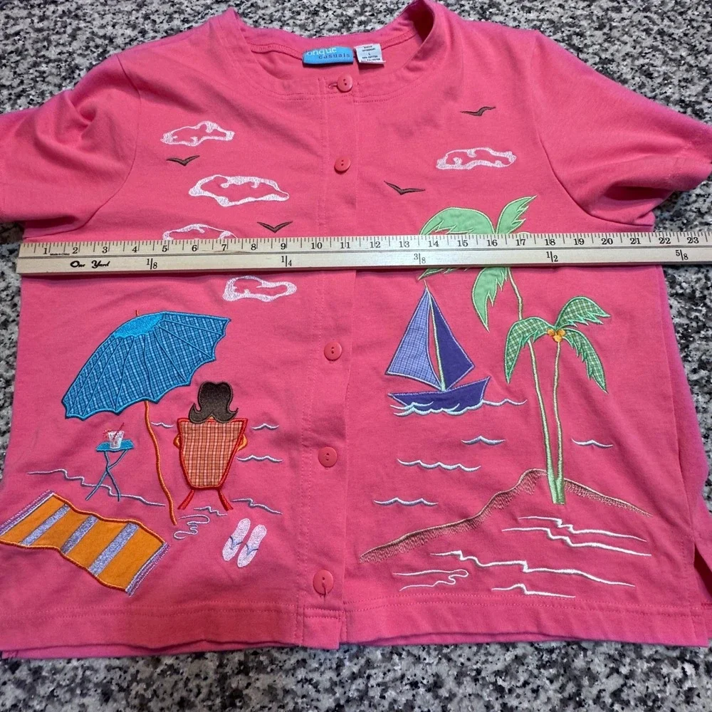 Onque Casuals Women's Pink Beach Scene‎ Short Sleeve Button Up Top Pants Set M